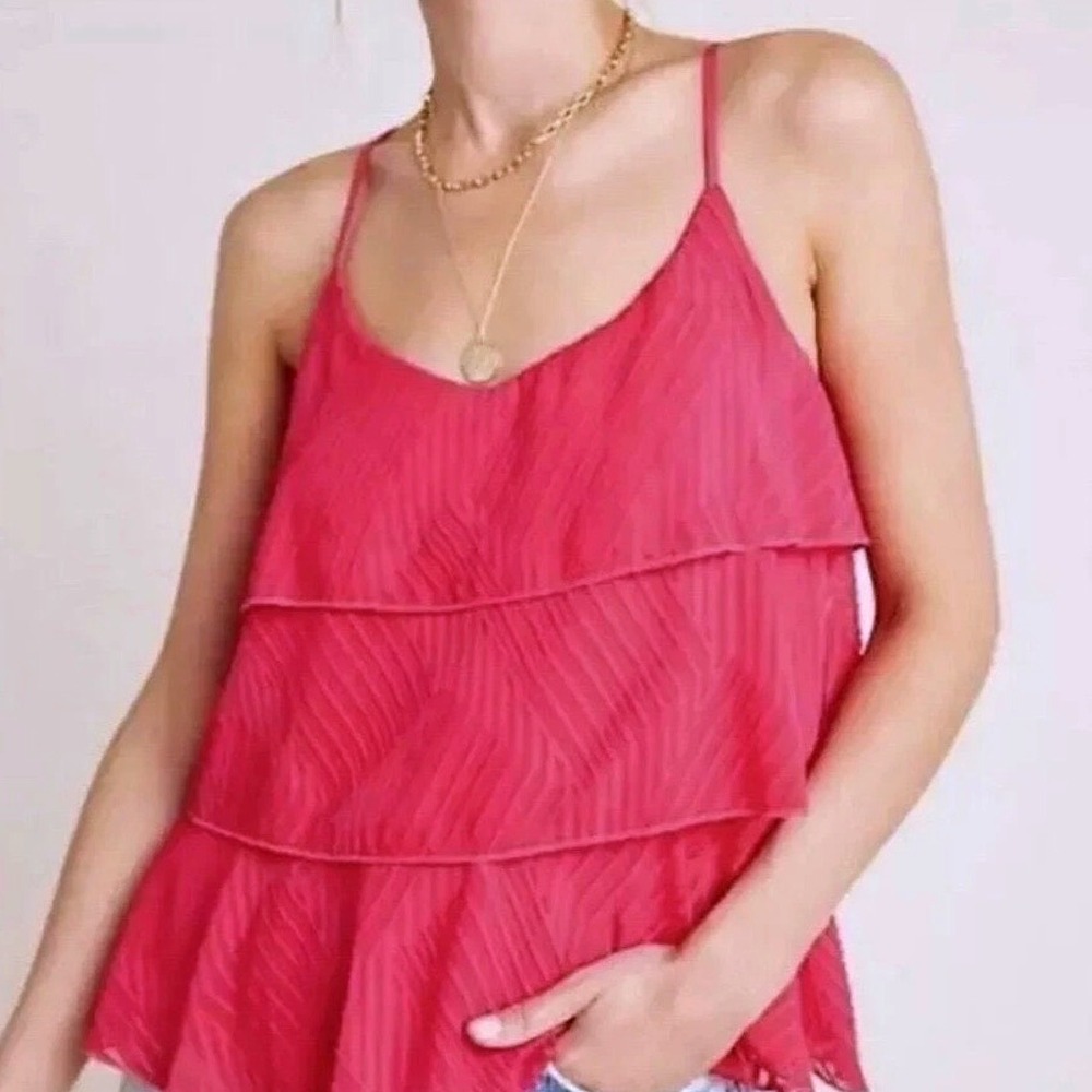 Amadi Anthropologie Pink Tiered Ruffle Camisole Top Flowy Textured NWT Small